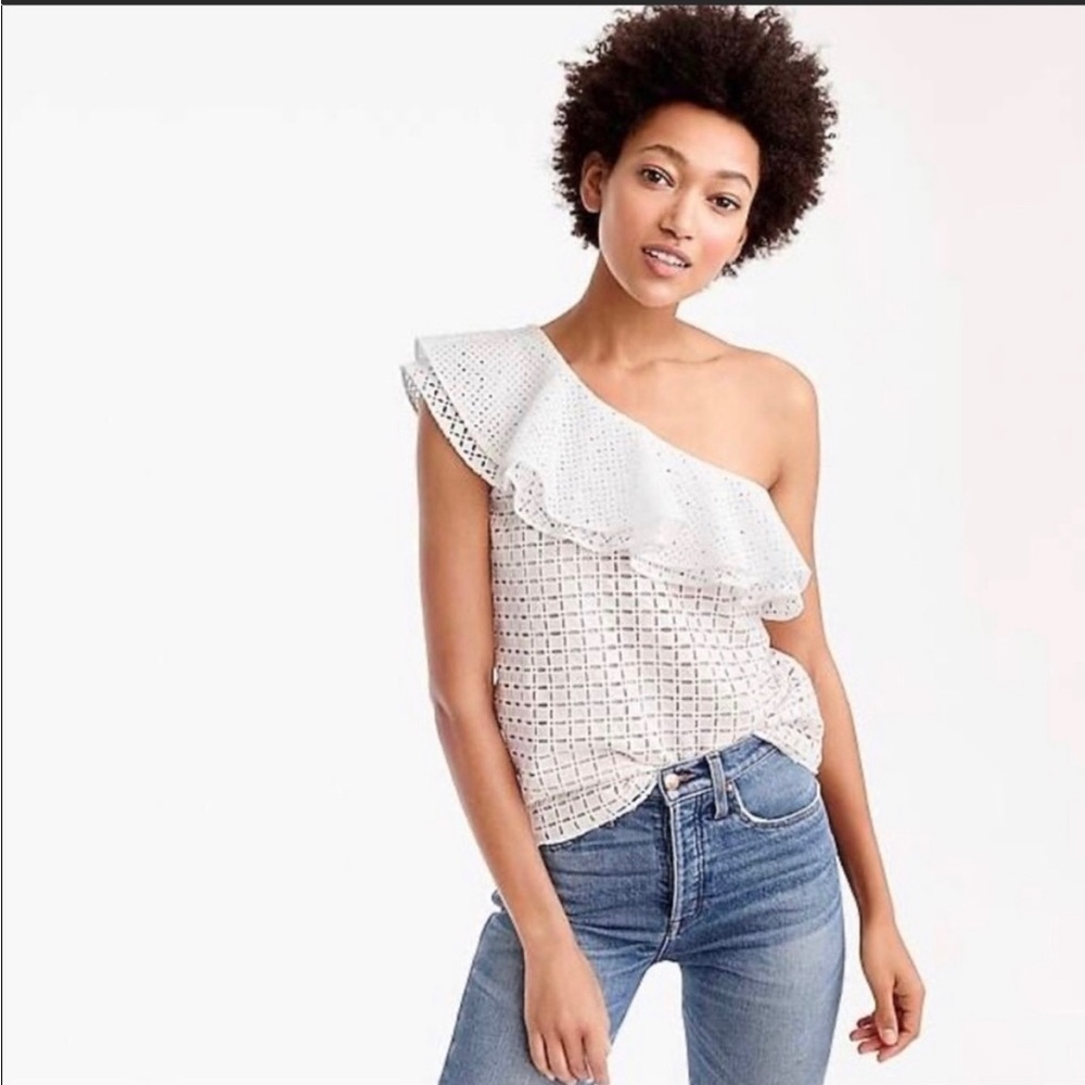 J. Crew One-Shoulder Ruffle Eyelet Top. Size 8 - Picture 2 of 13